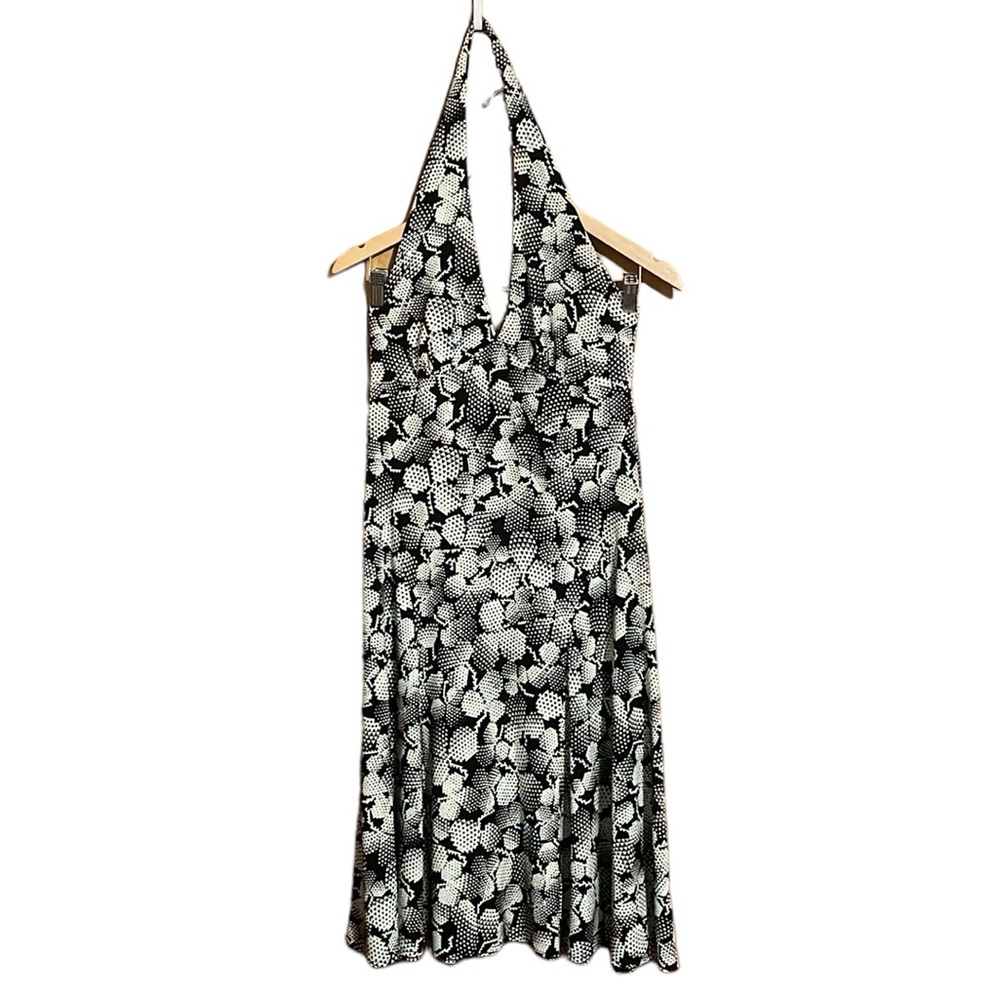 •LONDON TIMES•BLACK/WHITE PINECONE PRINT HALTER ATYLE MIDI DRESS SIZE 8 (EUC)